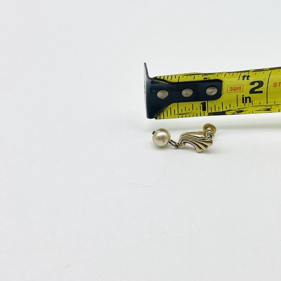 Fluted Scroll Pearl Drop Earrings Gold Tone Screw Back Classic Career Cosplay - Picture 3 of 9